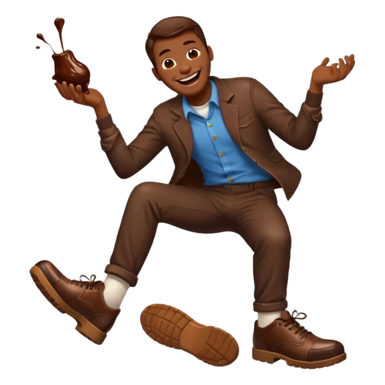 Man laughing with chocolate sauce on shoe sticker