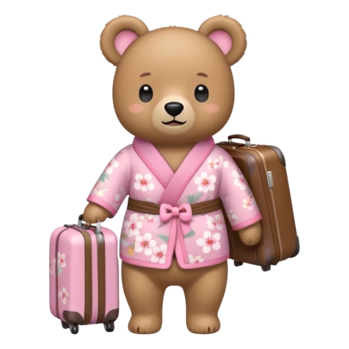 A cute light-brown bear wearing a pastel pink sakura-patterned kimono, normal balanced body ratio.  
Pulling a small suitcase with cheerful excited eyes, backpack on the back, ready for a trip.  
Kawaii emoji style, minimalistic clean sticker illustration, white background. sticker