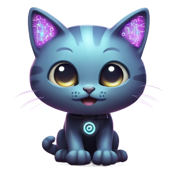 A futuristic cat with glowing circuit patterns on its fur, sitting on a keyboard with a tiny holographic display projecting from its paws. sticker