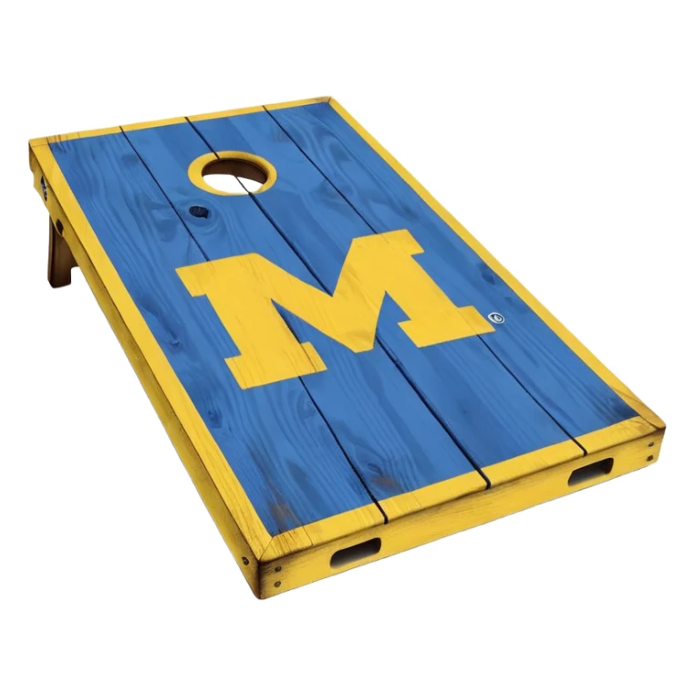 Cornhole board blue and yellow with Michigan “M” sticker