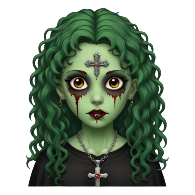 Zumbi verde com olhos castanhos aspecto de que tá sangrando, com cabelo marrom cacheado longo um piercing do lado esquerdo do nariz, roupa preta e crucifixo como colar, e também delineador  sticker