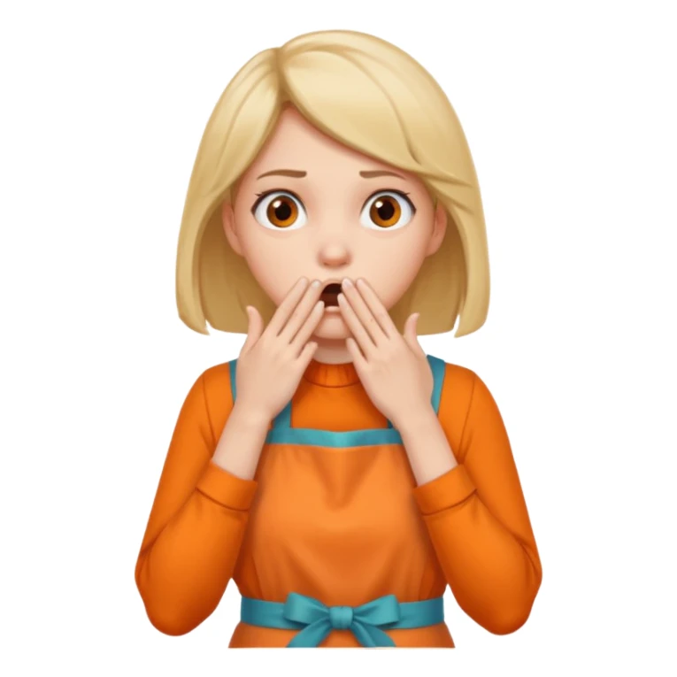 scared woman with her hands on her mouth, different background, more details, sideways pose, orange apron sticker