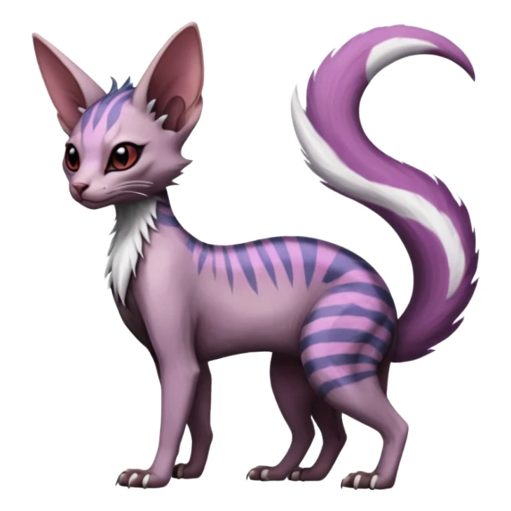 Furry, fluffy feathery scaly, Purple, white, black, Minccino-Sphynx-Lykoi-Linoone-Zangoose-fusion-hybrid-animal-Fakémon-creature, full body, thin long sleek scaly tail, intricate markings sticker