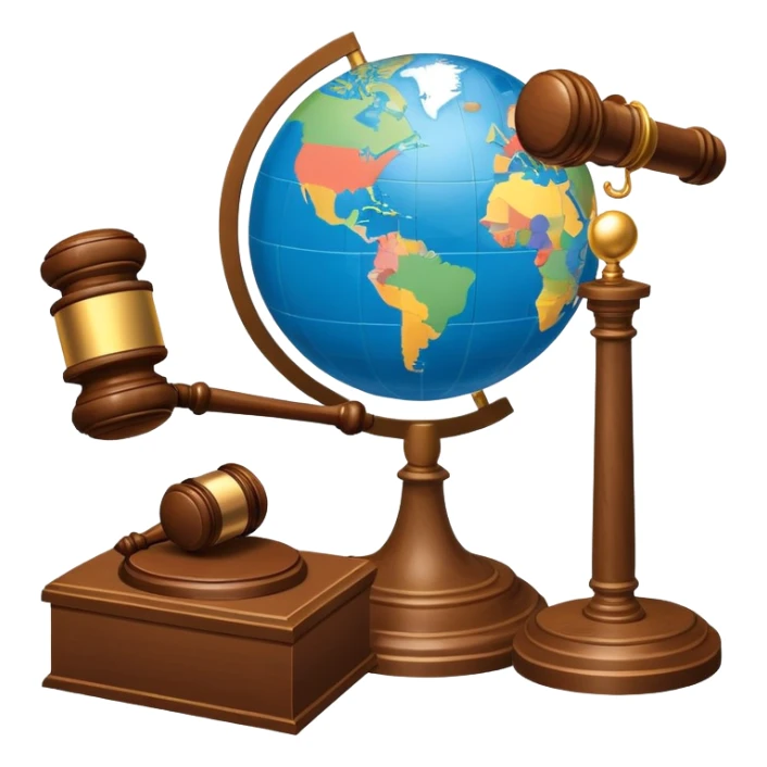 An icon featuring a globe with a gavel and a political map, symbolizing political science. The design includes a ballot box and a podium, representing democracy and governance. Transparent background highlights the study of political systems and global relations. sticker