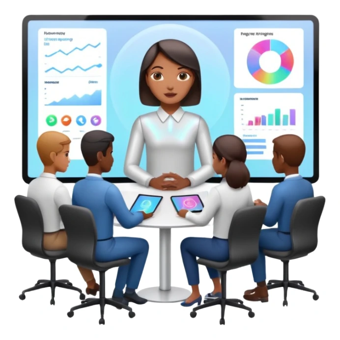 the AI-Enabled Workplace, team meeting with holographic displays, AI presence sticker