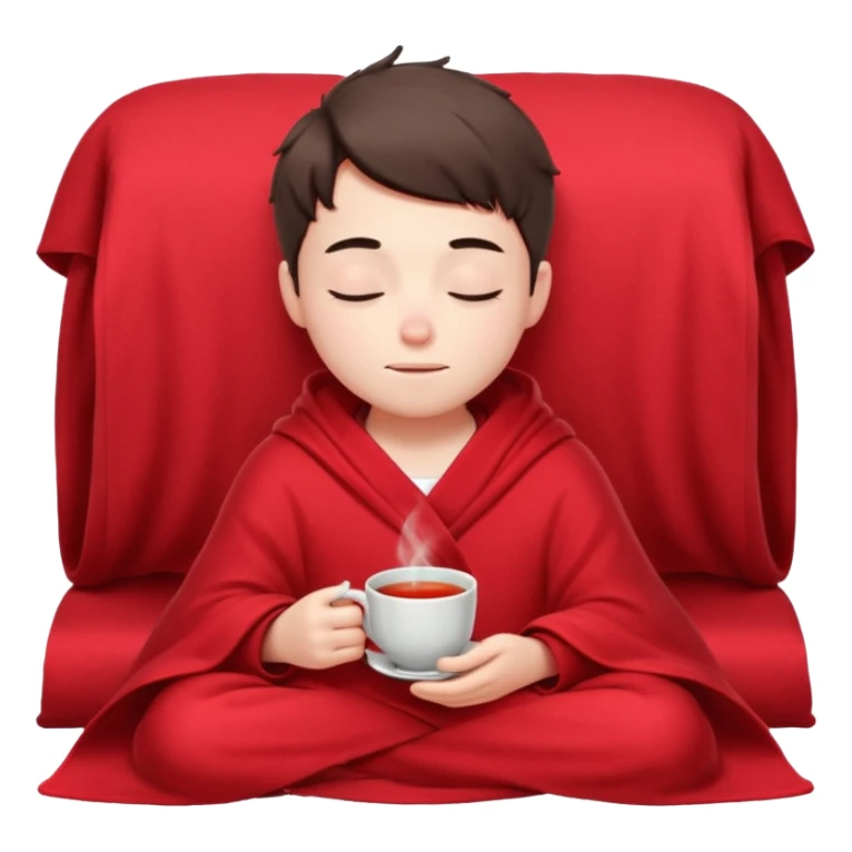 A European boy is sitting comfortably under a blanket, wrapped in a red blanket, drinking tea with his eyes closed. sticker