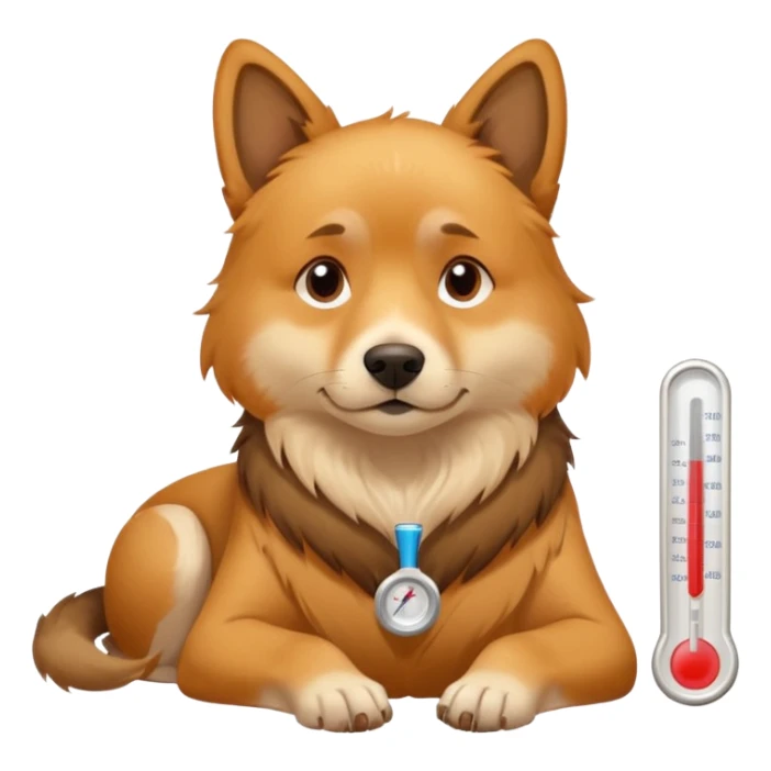 A sick dog lying down with a digital thermometer placed next to it, showing a fever.
The dog looks tired and weak, with a warm and cozy indoor atmosphere. sticker