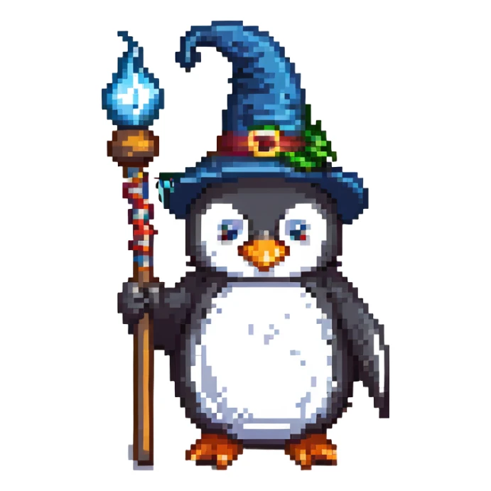 penguin wizard, magical, holding a staff, wearing a wizard hat sticker