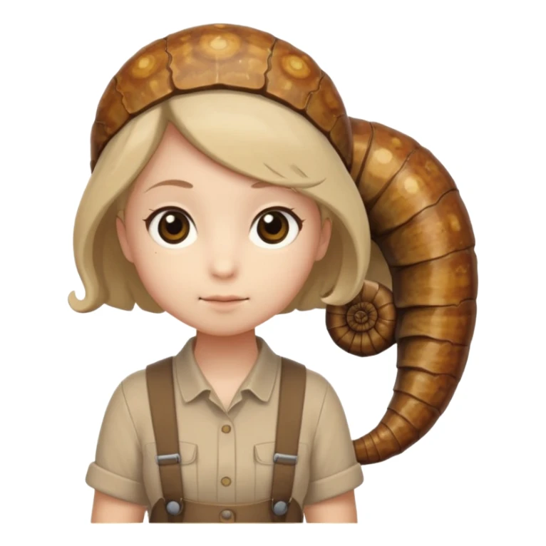 Shelly has a small, chibi-style body with a large ammonite-shaped head that looks like a beige fossil shell. One side of her head has a dark opening, making it clear she isn’t human. Her face is simple and soft, with big round eyes. She wears a brown suspender outfit over a lighter shirt sticker