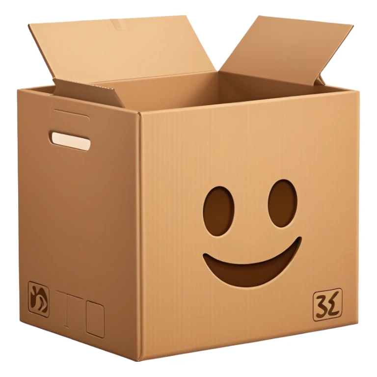 empty cardboard box, open top, brown color sticker