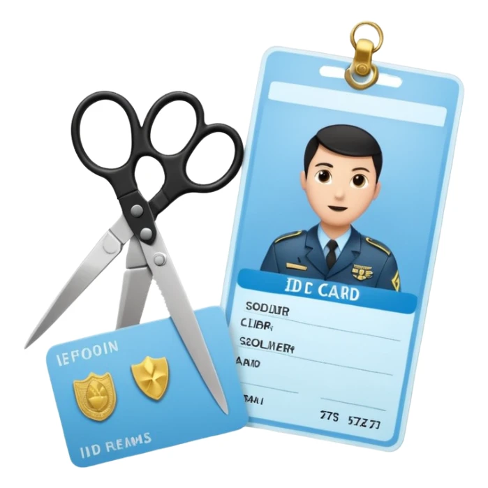 Floating black Scissors cutting in half a light blue idf soldier ID card with golden chip in 2 parts .hyper realistic sticker