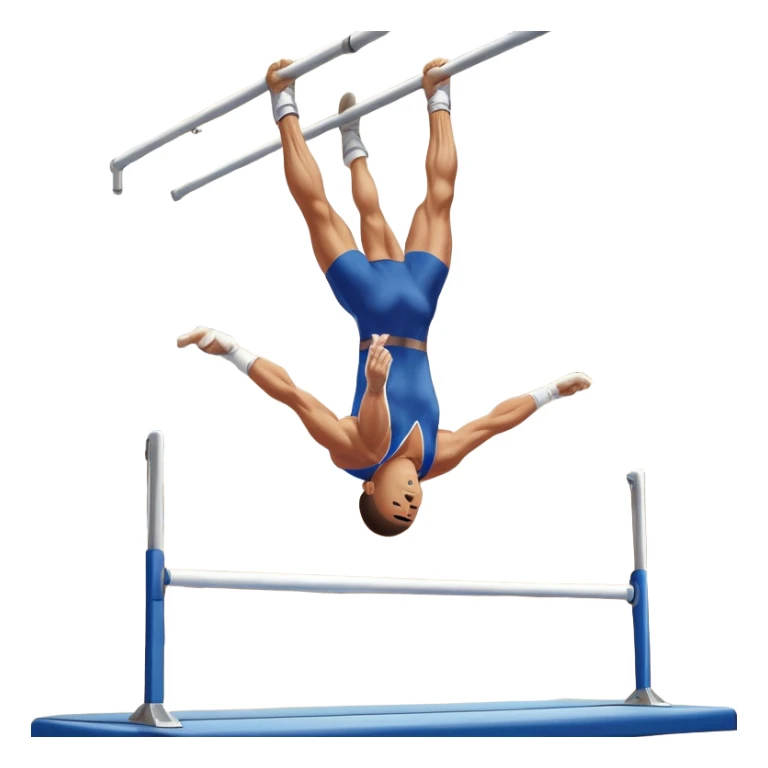A professional male athlete performing on the parallel bars, showcasing strength and grace. His body is in mid-motion as he holds a perfect inverted position, demonstrating control and balance. The background features a bright gymnasium with high ceilings and a crowd cheering in the distance. sticker