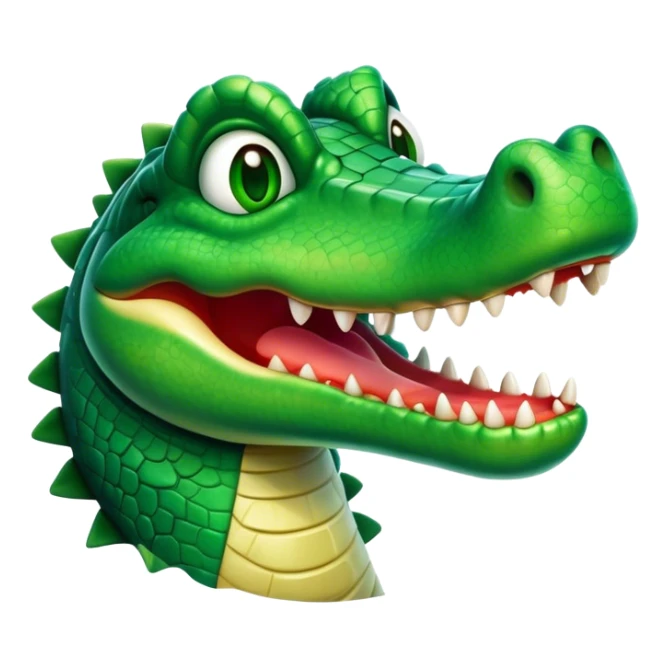 Cinematic Comical Crocodile Portrait Emoji, Head tilted dramatically with an exaggeratedly amused expression, featuring a striking, glossy emerald-green hide with bold textured scales and wide, expressive eyes filled with playful disbelief, Simplified yet hilariously expressive features, highly detailed, glowing with a slightly sassy glow, high shine, dramatic yet playful, stylized with an air of cheeky mischief, bright and endearing, soft glowing outline, capturing the essence of a spirited and over-the-top crocodile, so meme-worthy it feels like it could snap its jaws into internet fame instantly! sticker