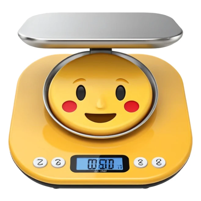 iOS-style 3D emoji: a small digital kitchen scale with a flat platform and an LCD screen displaying 0 g. sticker