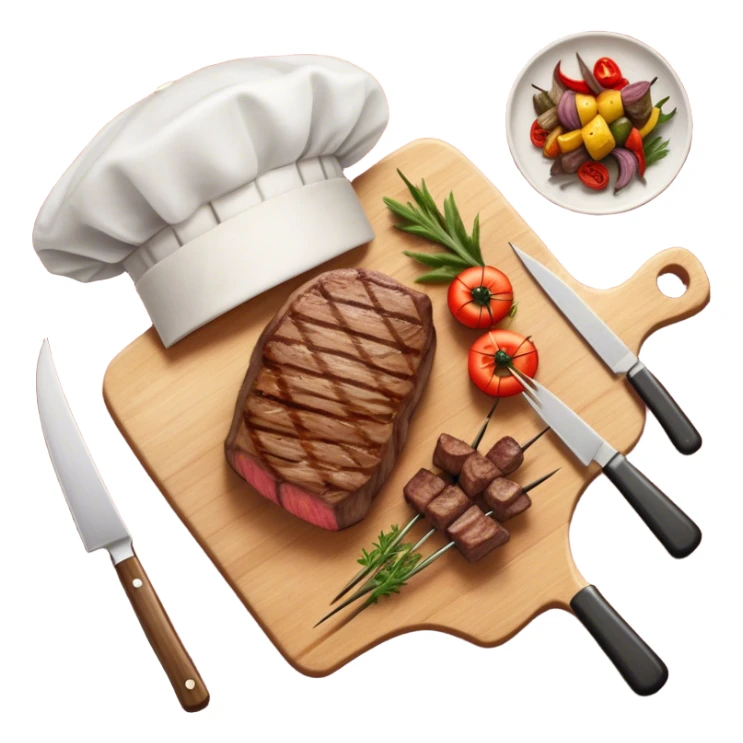 icon featuring a chef’s hat, a cutting board with fresh ingredients, a knife, a beautifully cooked ribeye steak, shashlik skewers, and a plate of food in the making. The design captures the passion of cooking with warm, inviting colors, and realistic textures. Transparent background. sticker