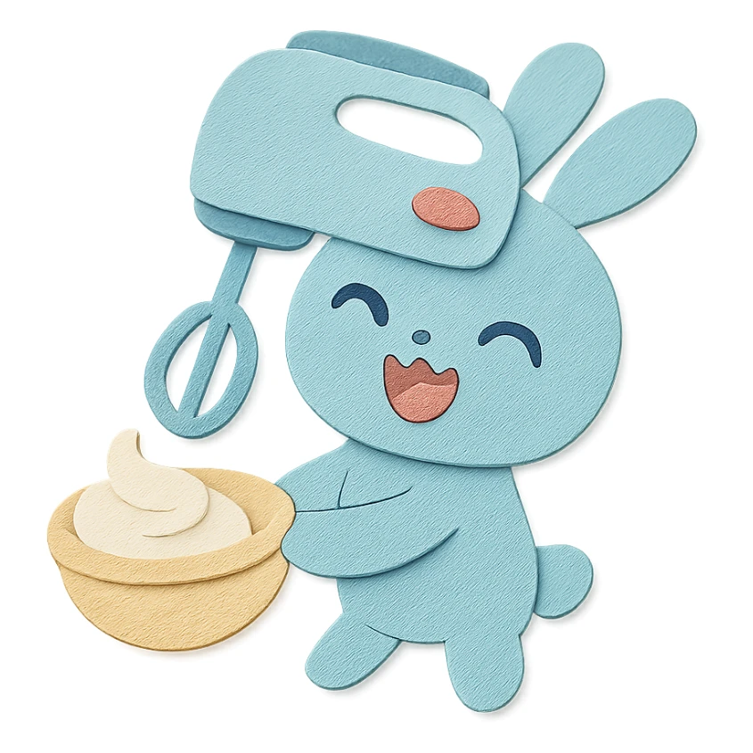 chibi hand mixer-rabbit hybrid, spinning cream, joyful expression, soft pastel blue, full-body sticker