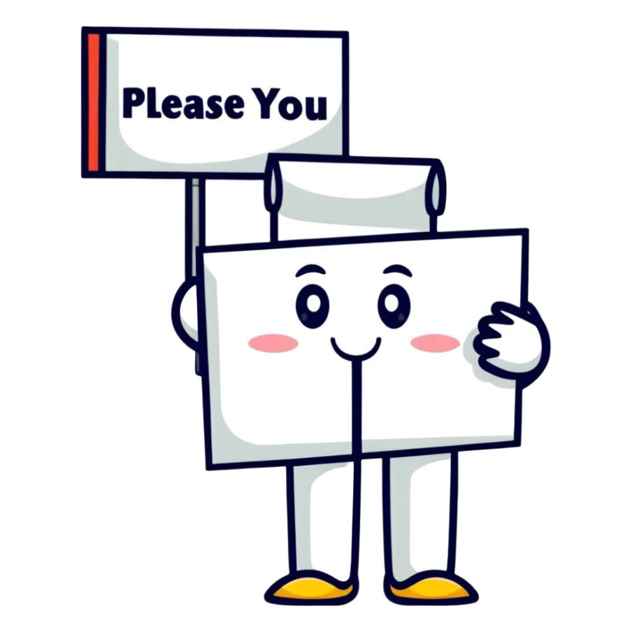 Character holding a sign that says please and thank you sticker