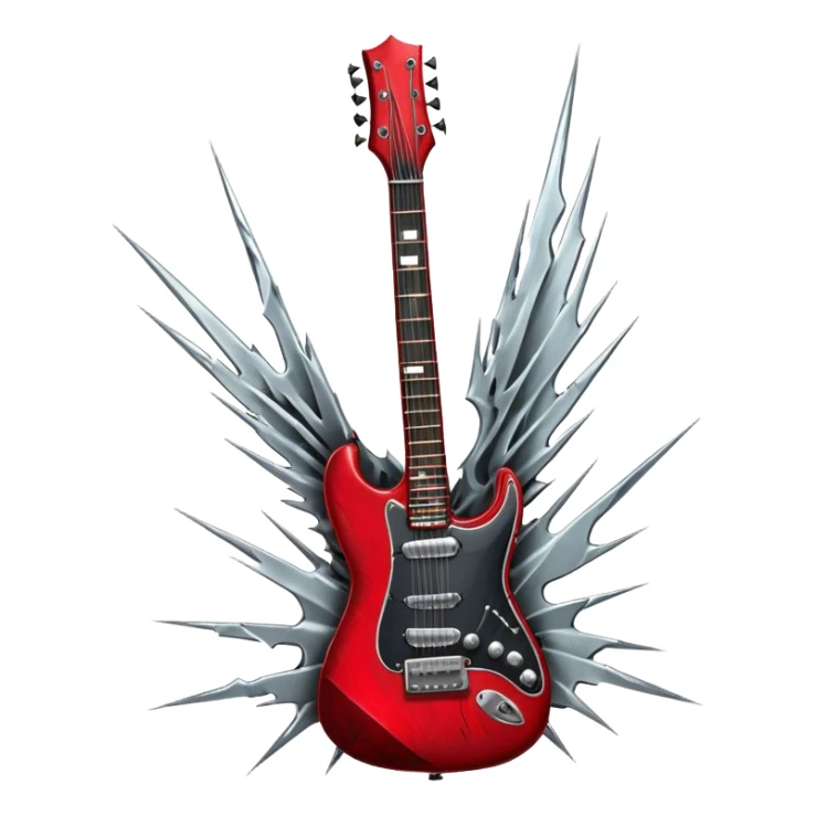 Create a fierce and edgy emoji representing hardcore rock vocal performance in a humanless collage. The design should feature a vintage microphone at the center, Add crossed drumsticks behind the microphone to symbolize the rhythm and power of the drums. surrounded by a menacing, distorted electric guitar with sharp, aggressive angles. Include subtle elements like lightning bolts, flames, or jagged sound waves to evoke the raw energy and intensity of hardcore rock. Use dark, intense colors like black, red, and silver, with a metallic, gritty finish to convey the rebellious, aggressive spirit of the genre. The background should be transparent. sticker