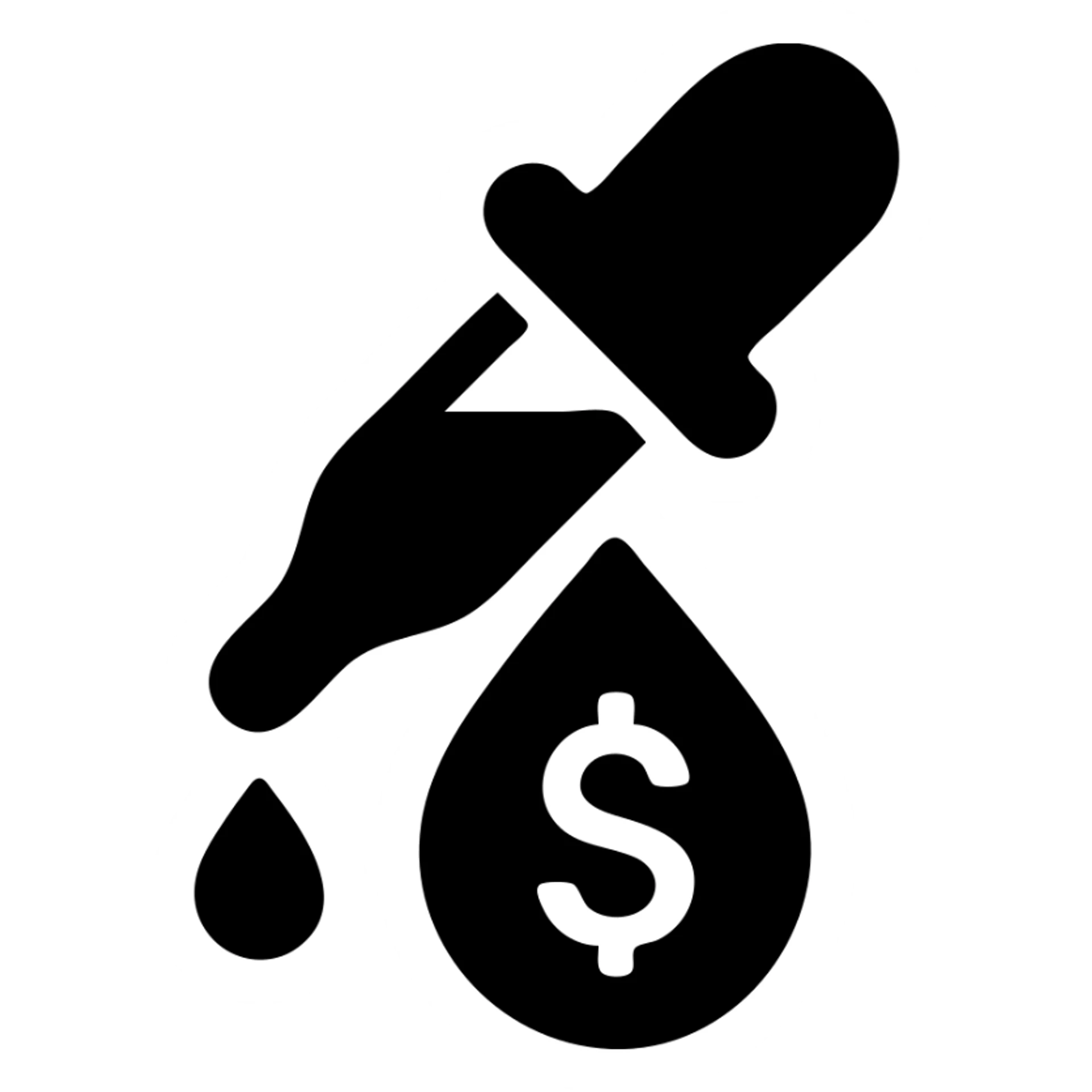solid icon of a pipette at the top of a golden drop with a dollar sign inside the drop sticker