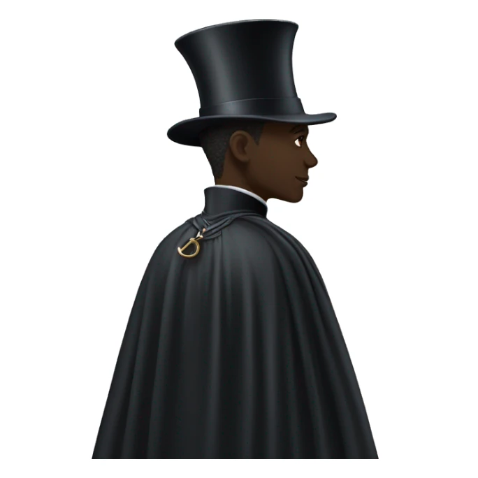 back profile of black magician, cape that says Dior sticker