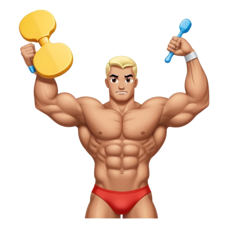 Cartoonish pro bodybuilder on stage - left arm normal, right arm grotesquely swollen like water wing pool float. Judges holding "10" paddles shaped as diuretic pills. 90s comic book halftone shading. sticker