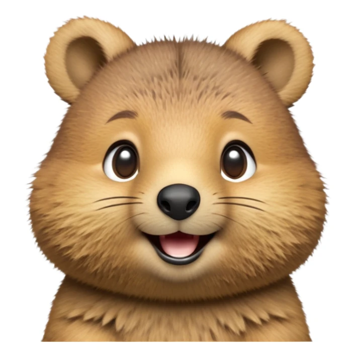 cinematic-realistic quokka-emoji,-small-round-frame-balanced-on-tiny-strong-hind-legs, head tilted in an endearing manner, comical smil, giant-fluffy-cheeks-large-smile-fluffy-brown-fur-radiating-a-warm-softness,-big-round-eyes-filled-with-joy, realistic fluffy zoomed in sticker