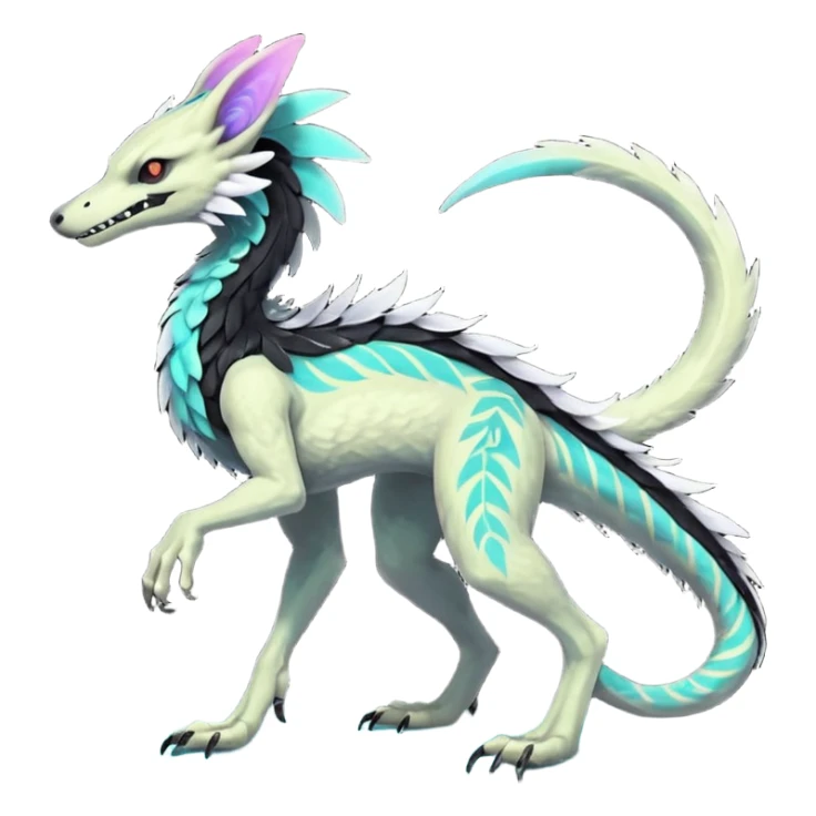 Rare glowing neon realistic tribal patterned whitish pastel colorful iridescent shiny glossy feathery epic handsome gorgeous aesthetic black-skulled Vernid-Trico-Sergal-Salandit-Nargacuga-species-Fakemon-creature by LiLaiRa, 4 legs, 1 tail, random markings, (full body) long ears sticker