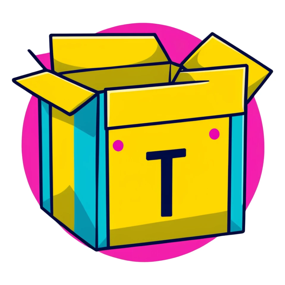 Minimalist sticker with white 'tt' letters on a black circle with cyan, magenta, and yellow dots below, shipping box with street style influence sticker