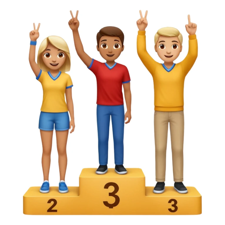 three casually dressed people on a winners podium with no numbers, middle step higher, each on their step, center person holds up one finger on each hand, fun expressive cheerful emoji style sticker