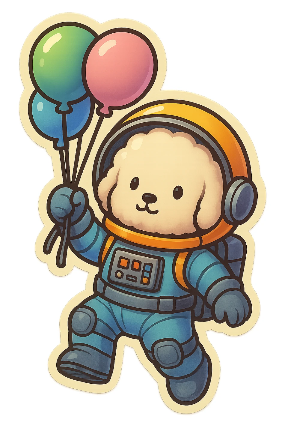 Transform the dog's outfit into a classic astronaut suit with a more robust helmet, gloves, boots, and panels on the suit, while keeping the cute style and the white sticker border. sticker