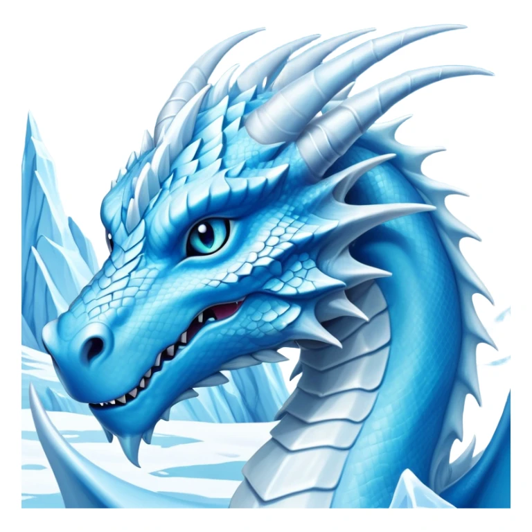 Cinematic Noble elegant Ice Dragon Portrait Emoji, Poised and imposing, distinct long elegant snout, with a slender, scaled body shimmering in glacial hues of icy blue, frostbitten silver, and crystalline white, breathing out frost, with piercing, glowing ice blue white eyes that radiate the chilling depths of an arctic storm; rendered in detail. excuding wisdom sticker