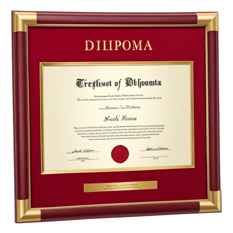  prestigious red diploma cover with gold embossed text on the front. The cover is slightly open, revealing a white certificate inside. The gold lettering glows subtly, giving it an elegant and official look. The diploma is placed at a slight angle for a professional appearance. The background is plain white sticker