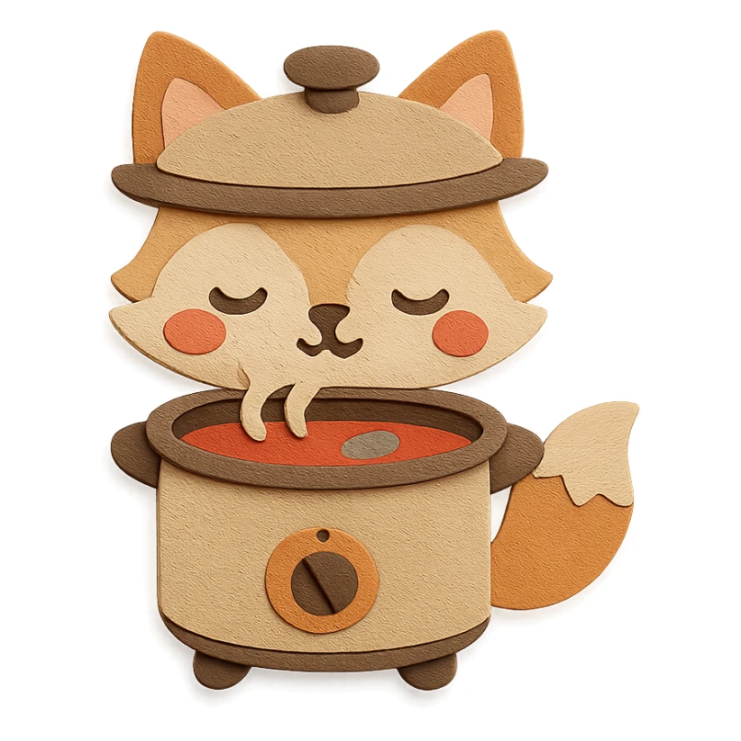 chibi slow cooker-fox hybrid, simmering soup, cute sleepy face, soft beige, full-body sticker