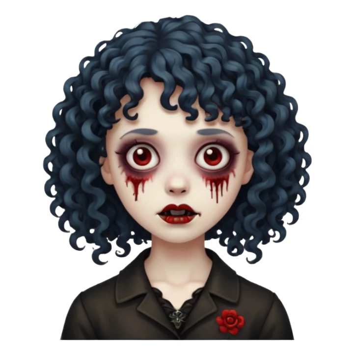 Faça um emoji de zumbi mulher, cabelo cacheado e franja cacheada, deixe ele com a estética meio gothic sticker