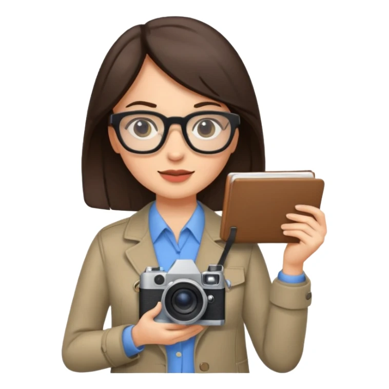 journalist brunette woman with glasses holding camera and notebook sticker