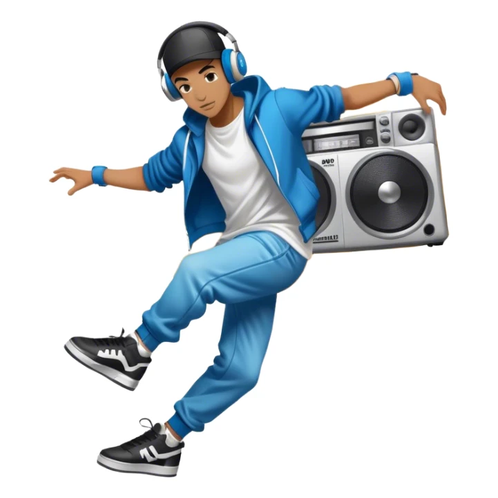 Icon for Street Dance: a dancer in urban streetwear performing a dynamic breakdance move, with a spray-painted background,  boombox  and headphones. The icon should represent the energy, style, and creativity of street dance culture. Transparent background. sticker