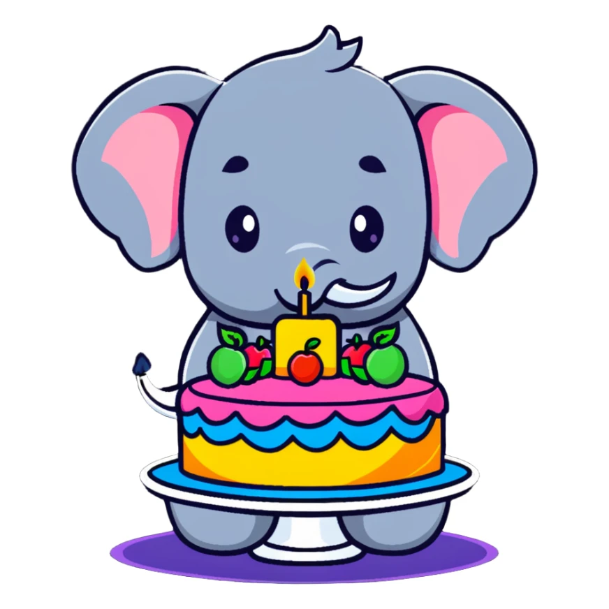 elephant beside one colorful candle-lit fruit cake sticker