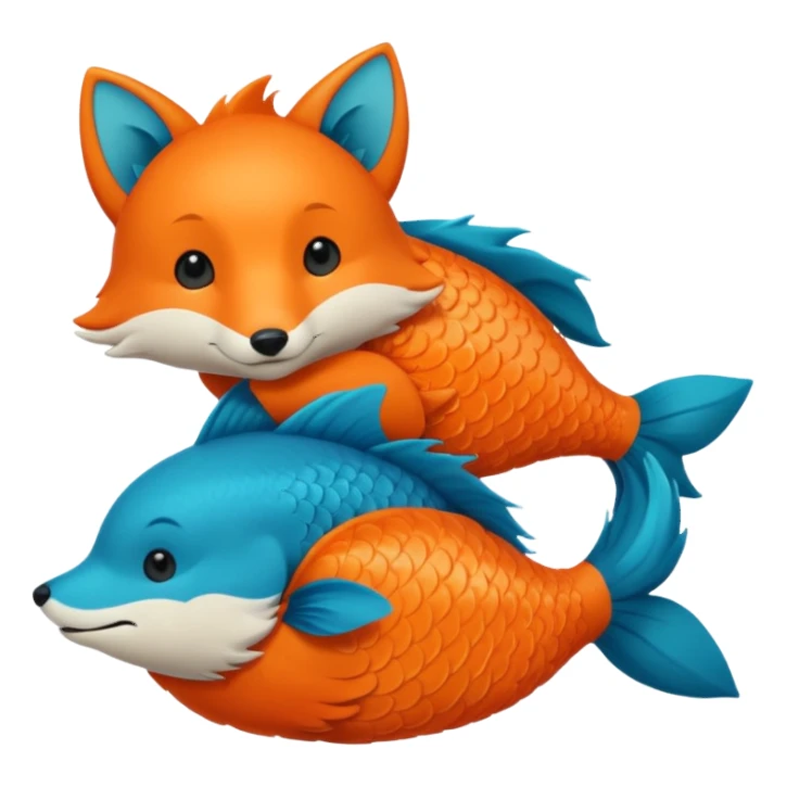 Make a bright orange fish and a teal blue fox that are hugging or cuddling each other sticker
