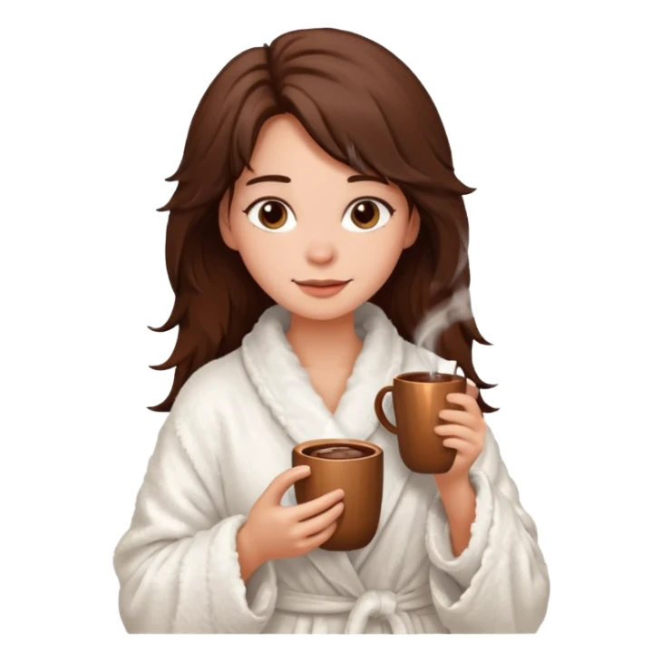{
      "type": "human",
      "look": "fluffy robe woman, messy hair, holding cup of cocoa",
      "description": "a woman in a fluffy robe with messy hair, holding a cup of cocoa"
    } sticker