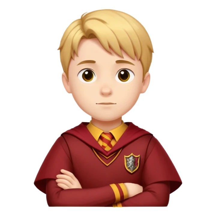 A young boy slightly to the side looking forward with crossed arms wearing the Gryffindor uniform sticker