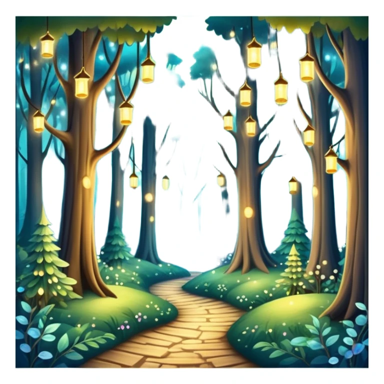 enchanted forest with tall trees and sparkling lights in a whimsical atmosphere sticker
