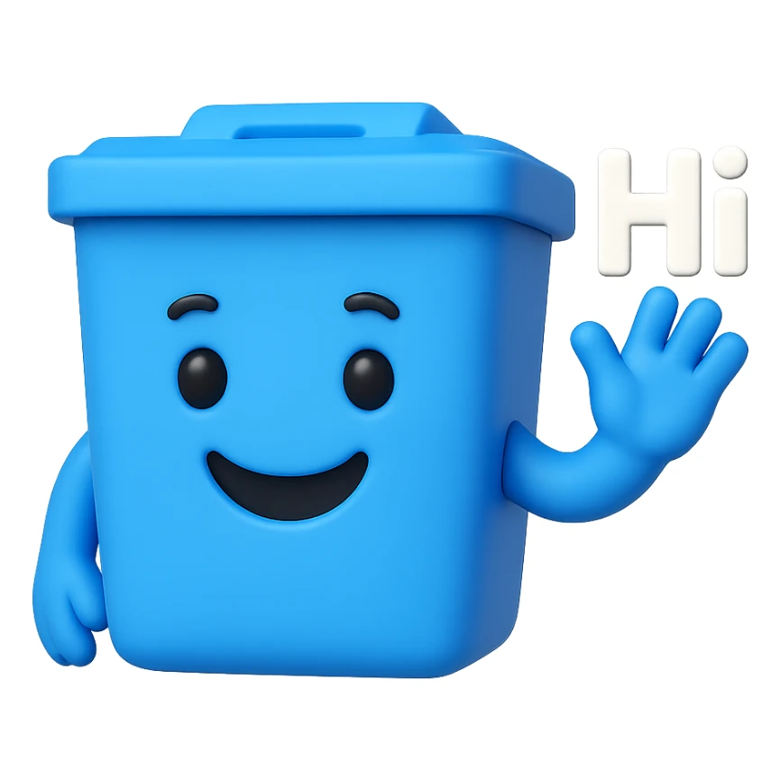 3D emoji style blue bin with a smiling face, waving and saying hi sticker