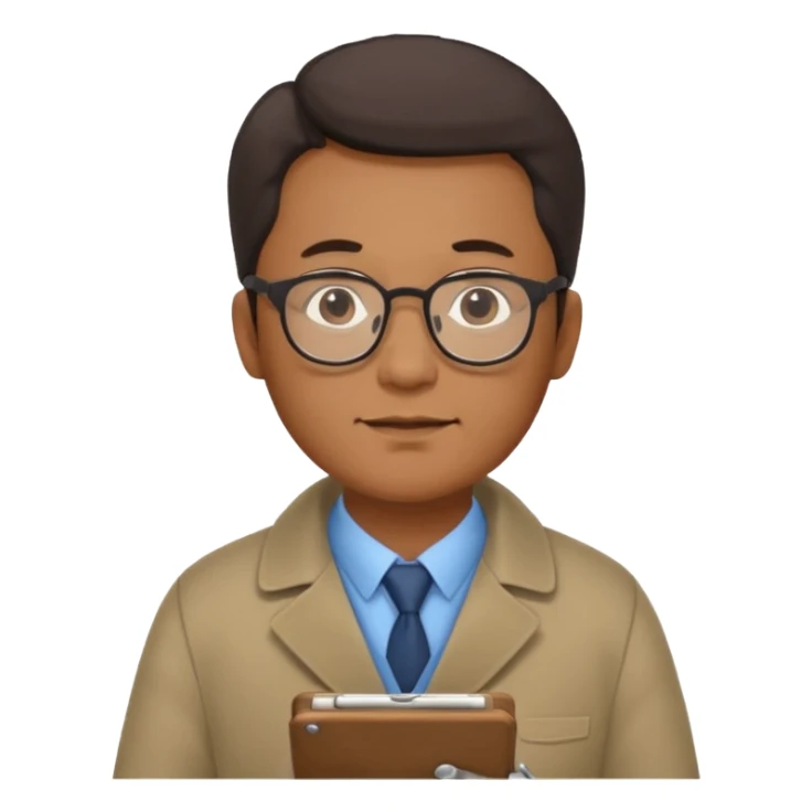 Middle-aged asian male vet – glasses, coat, writing notes on clipboard. sticker