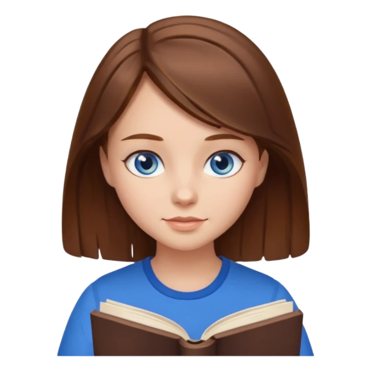 a girl with brown hair and blue eyes reading sticker
