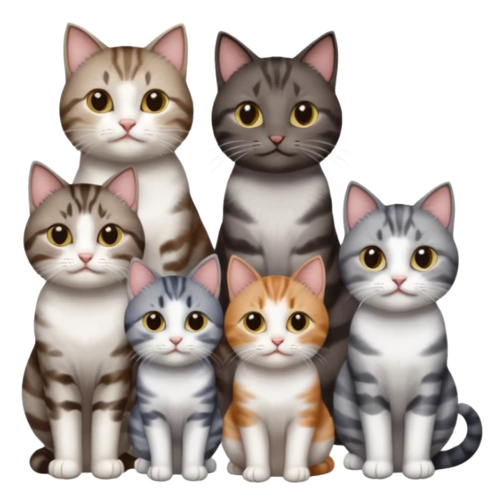 4 different coloured short haired cats including; a dark brown tabby and white cat, and a dark grey and white  sticker