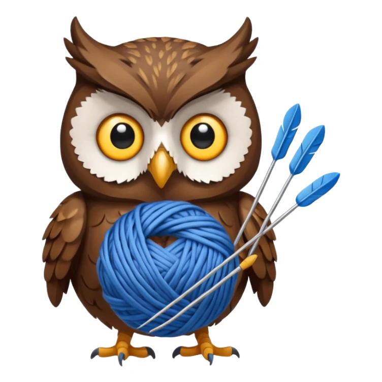 Owl holding blue yarn ball and knitting needles sticker