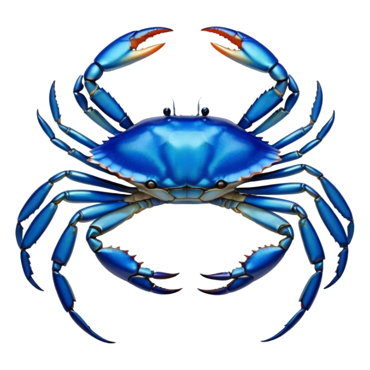 Cinematic Noble Blue Crab Portrait Emoji, Poised and commanding, with a sturdy, angular build and a brilliantly iridescent blue exoskeleton accented by robust, gleaming claws, deep-set piercing eyes, Simplified yet sharp and sophisticated features, highly detailed, glowing with a cool, oceanic glow, high shine, intelligent and resilient, stylized with an air of marine authority, focused and attentive, soft glowing outline, capturing the essence of a watchful and confident blue crab that feels as though it could scuttle out of the screen with effortless authority! sticker