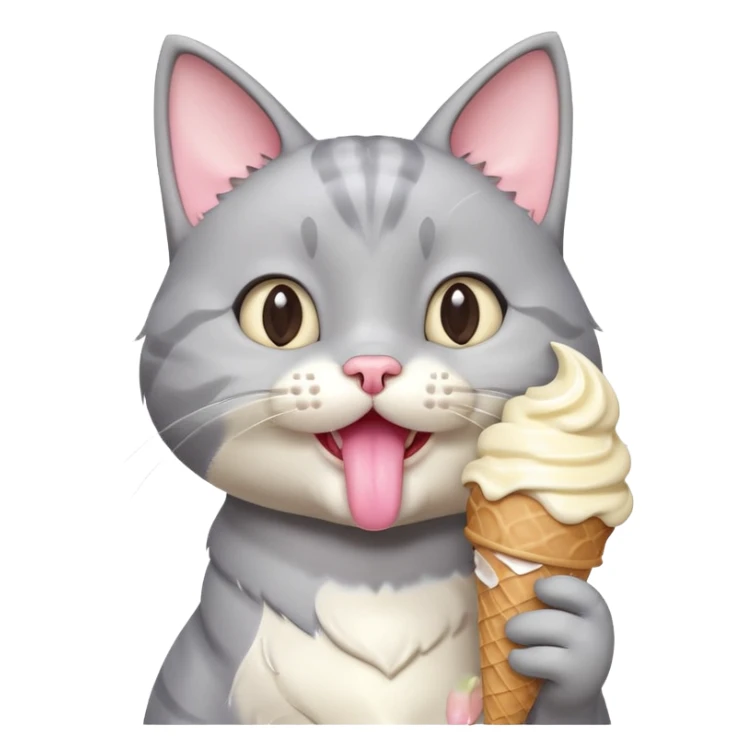 cute gray cat portrait, head and shoulders only, licking an ice cream cone, funny happy expression, 3D cartoon, mobile game icon style, clean background, no text, no watermark
 sticker