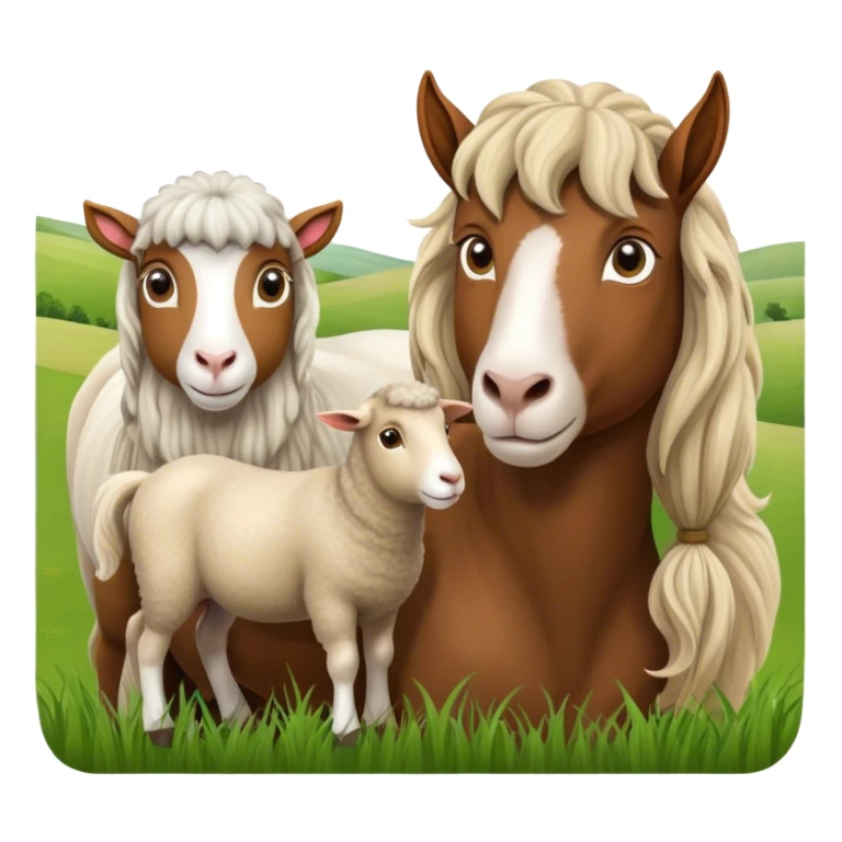 Icon for Domestic Hooved Animals: A gentle collage featuring a horse with a flowing mane, a brown goat with large, curious eyes, a calm sheep with soft wool. Background with a green pasture and a few hay bales. Transparent background. sticker