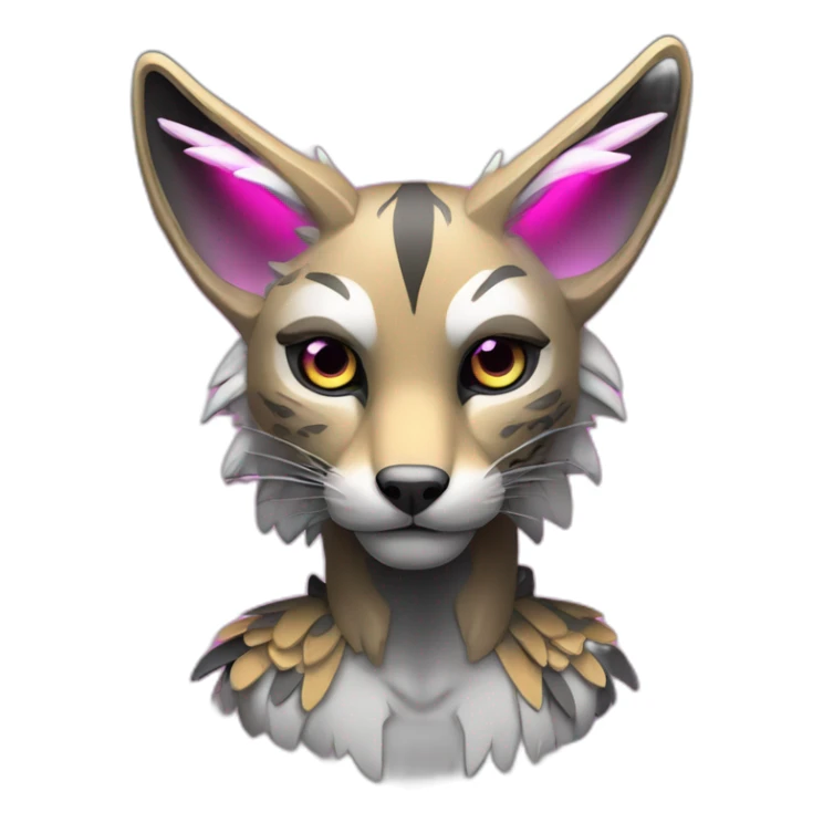 Coyote ocelot standing with grey and black fur and phoenix wings on back and pink ears half skeleton injured nose and face, neon lights sticker